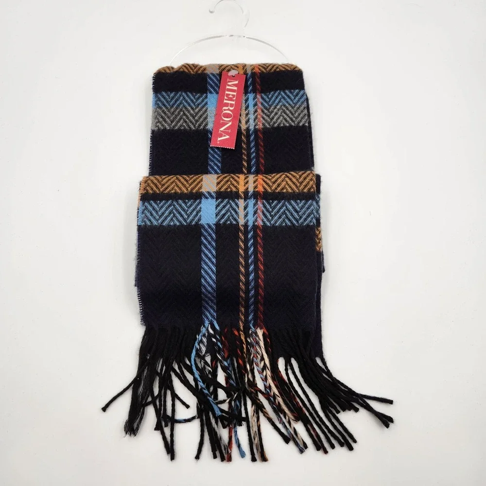 Merona Scarf One Size‎ Blue Plaid 100% Acrylic Winter Warm Fringe Hem